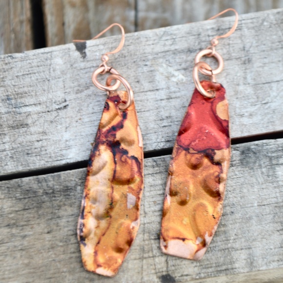 Conceptual Subculture Jewelry - Yellow Hearts Red Solid Copper Long Earrings Drop